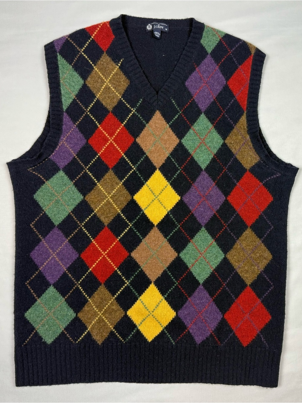J. Crew Mens Argyle Sweater Vest Sz Medium Lambswool Navy/Multicolor A8